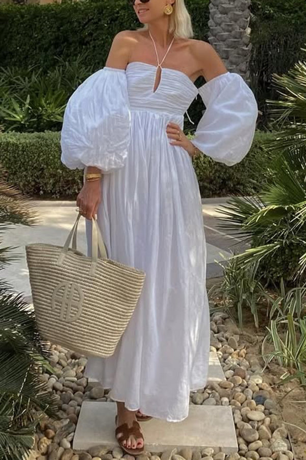 Solid Color Off-the-shoulder Hollow Puff Sleeve Maxi Dress