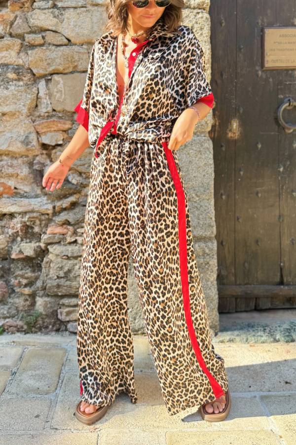 Leopard Print Color Block Short Sleeve Loose Shirt and Elastic Waist Pocket Pants Set