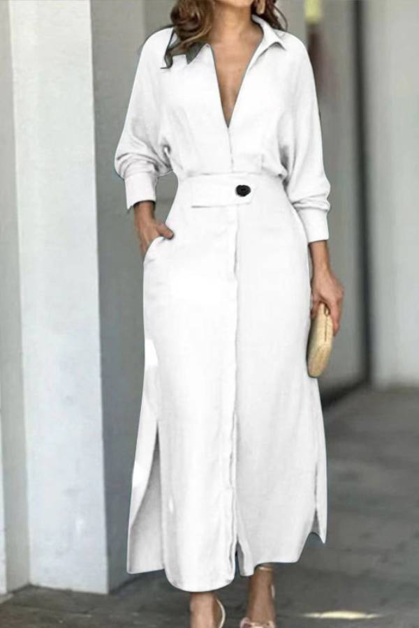 Full-Sleeve V Neck Belt Button Pocket Midi Dress