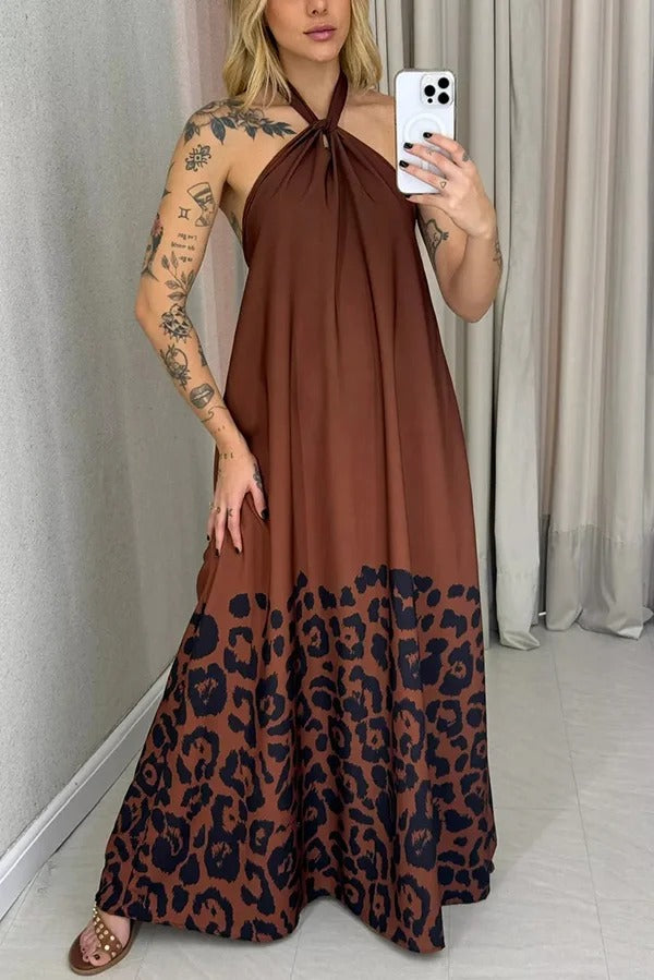 Leopard Print Sexy Halter Neck Backless Loose Maxi Dress
