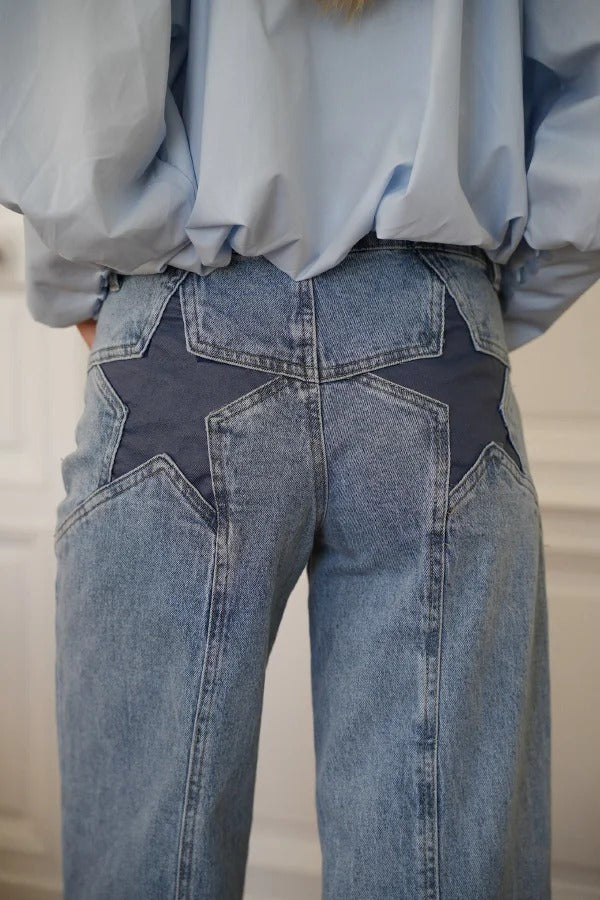 Stylish Denim Colorblock Star Patterned Mid Waist Pocket Wide Leg Jeans