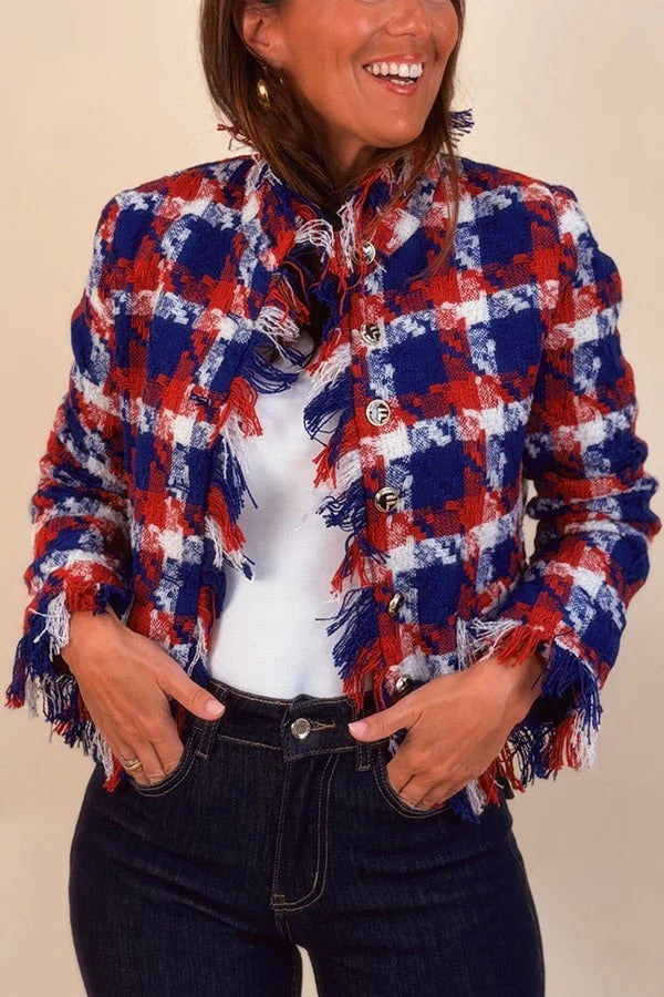 Muse Color Block Tweed Tassel Trim Button Up Long Sleeve Pocket Jacket
