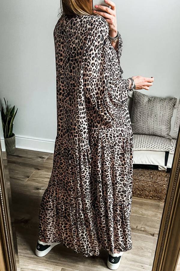 Apricot Leopard Print Tiered Wide Sleeve Maxi Dress