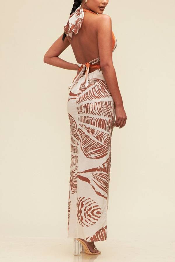 Vacay Bound Linen Blend Unique Botanical Print Halter Maxi Dress