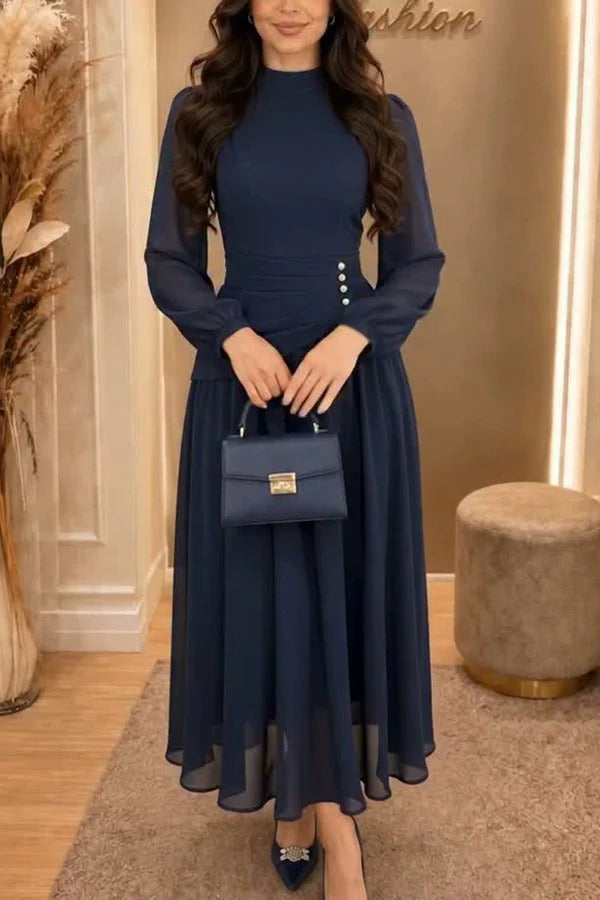 Calista Chiffon High Neck Long Balloon Sleeve Ruched Button Detail Maxi Dress