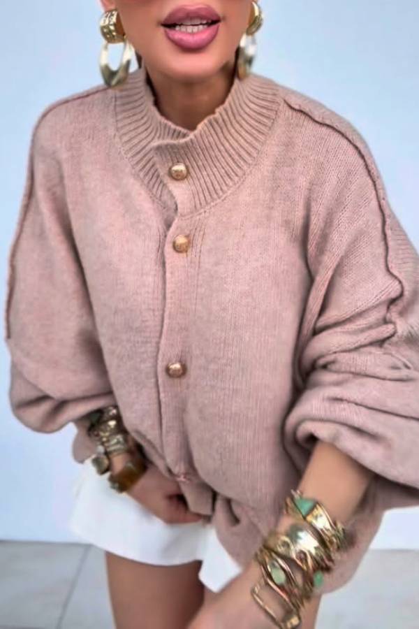 Oversized Lantern‑Sleeve Gold Button Knit Cardigan
