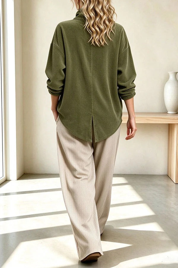 Chic Slanted Button High-Neck Corduroy Outerwear