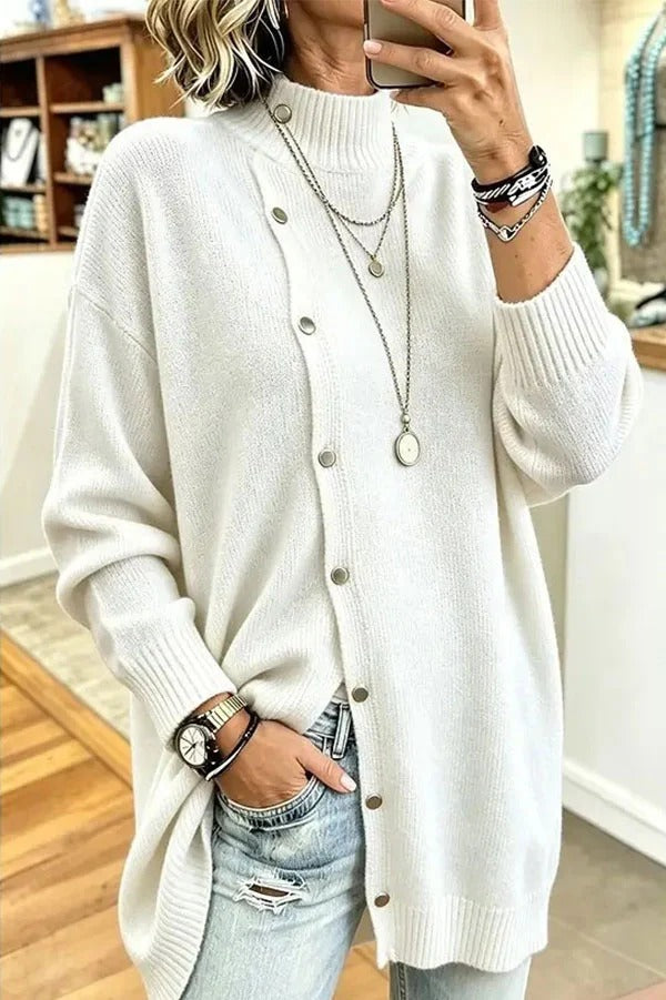 Warm Season Knit Turtleneck Button-down Long Sleeve Loose Sweater