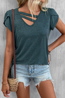 Solid Color Casual Cutout Neck T Shirt