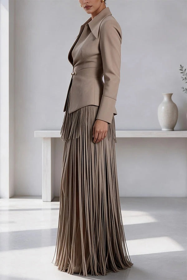 Maderia Structured Blazer & Tassel Skirt Two-Piece Set