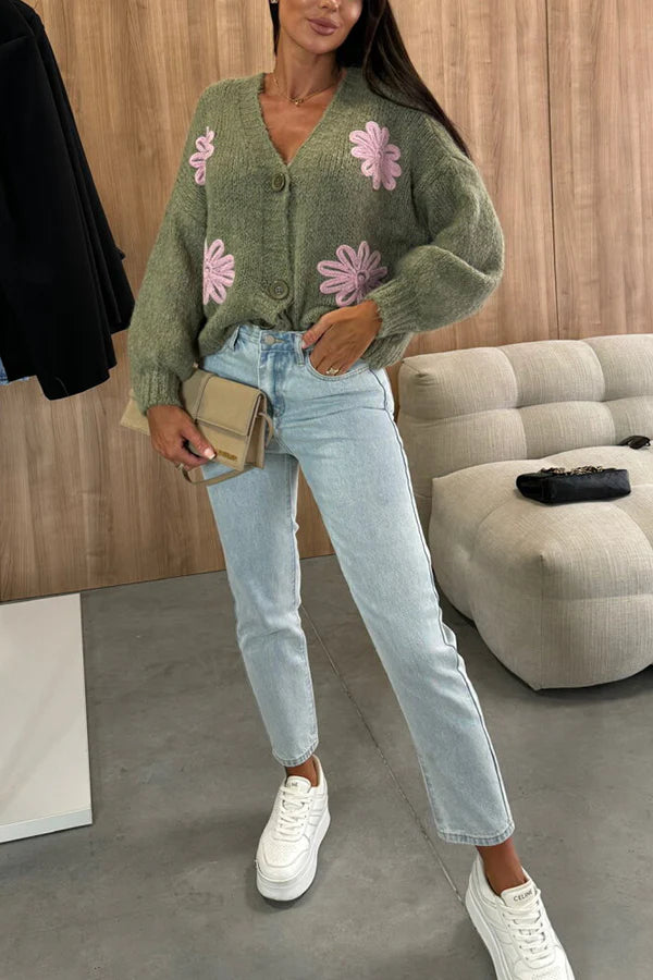 Embroidered Floral V-neck Long-sleeved Button-knit Cardigan