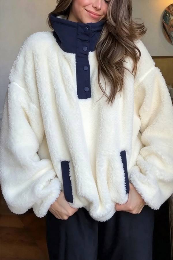 Cute Bear Print Colorblock High-Pile Fleece Zipper High Neck Long Sleeve Pocket Sweatshirts