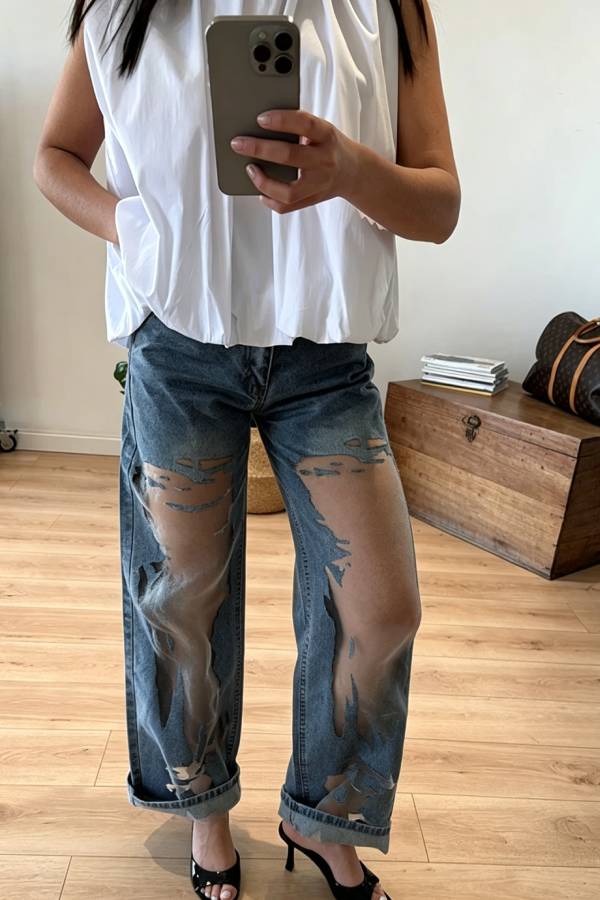 Paula Denim Mid Rise Front Sheer Tulle Patchwork Straight Leg Loose Jeans