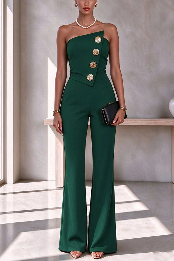 Sexy Strapless Button Embellished Flared Leg Jumpsuit