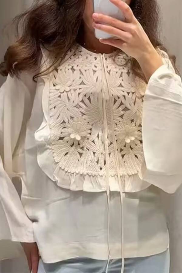 Pure White 3D Lace Embroidered Loose Top