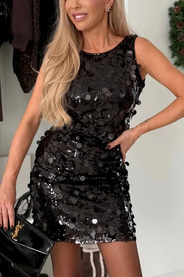 Cosmos and Kisses Large Sequins Wide Strap Boat Neck Sleeveless Mini Dress