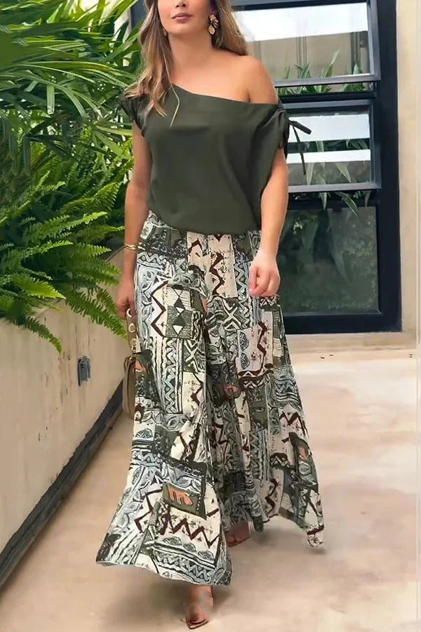 Terrace View Off Shoulder Tie Loose Top and Elastic Waist Unique Print Loose Pants Set