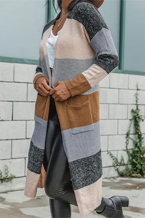 Knitted Color Block Open Front Long Cardigan
