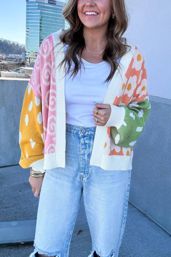 Orange Flower & Dotted Print Colorblock Open Front Cardigan