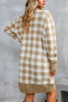 Khaki Plaid Ribbed Contrast Open Front Long Cardigan