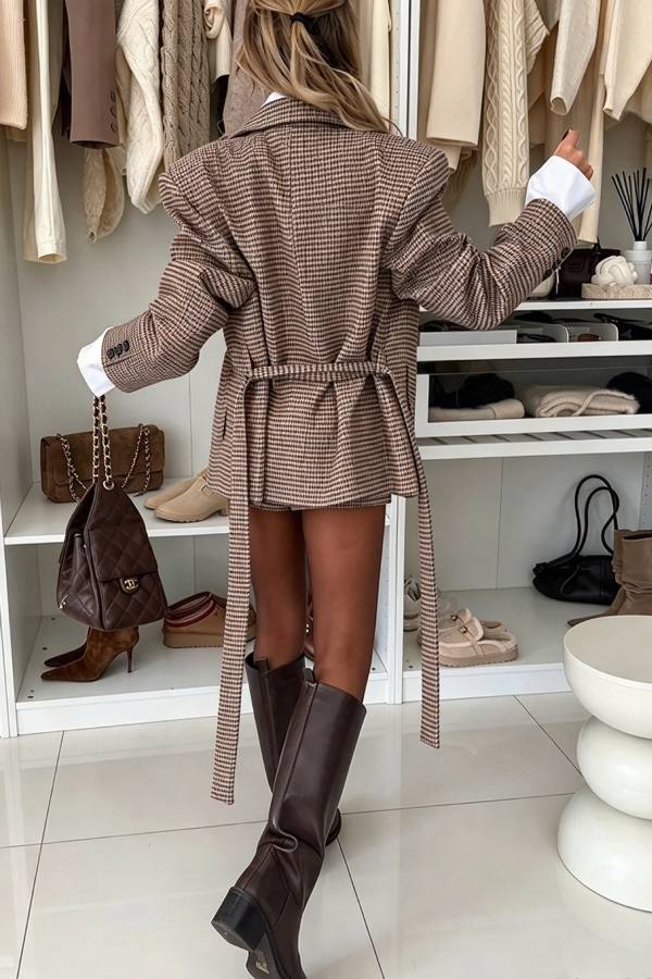 Avant-garde Classic Houndstooth Padded-shoulder Button Belted Oversized Blazer Jacket