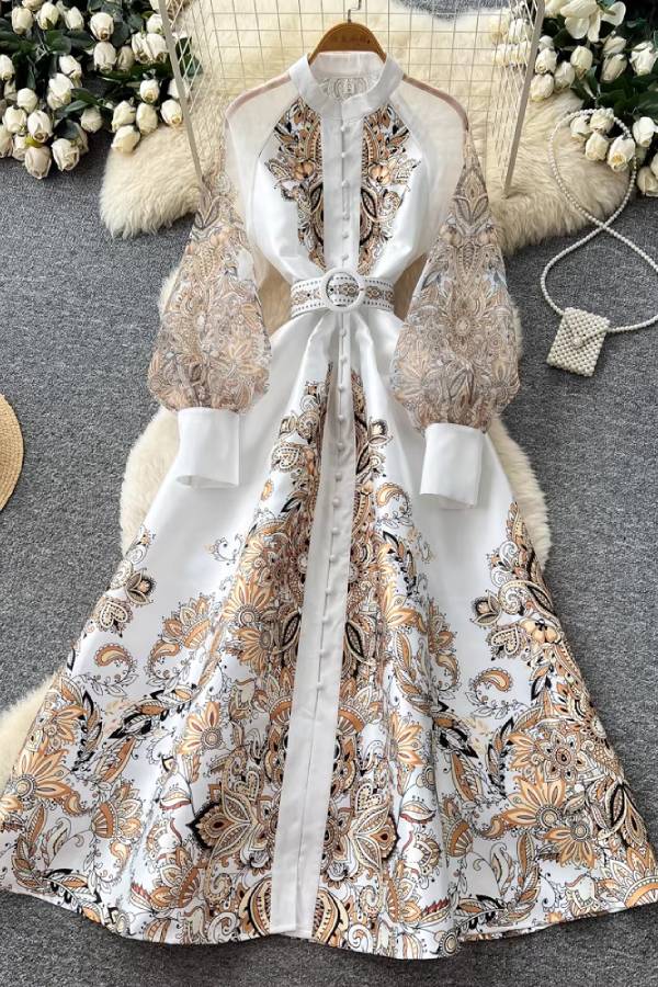 Vintage Paisley Lantern Sleeve Maxi Dress
