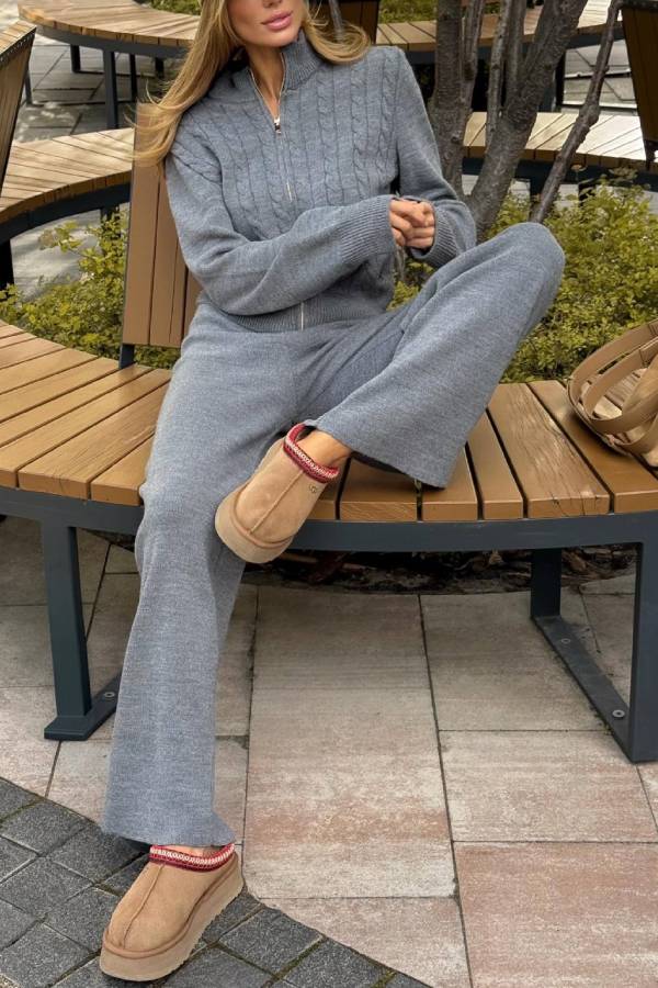 Stand Collar Zip Cable Knit Two Piece Set