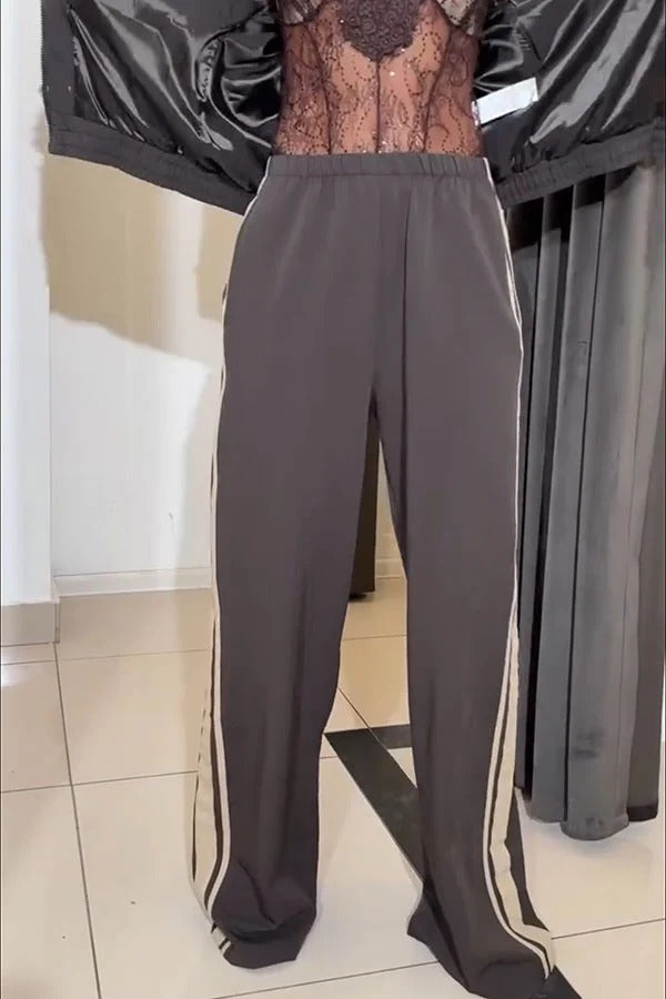 Fashionable Sporty Stripes Long Sleeve Knotted Button Jacket and Elastic Waist Pocket Pants Set