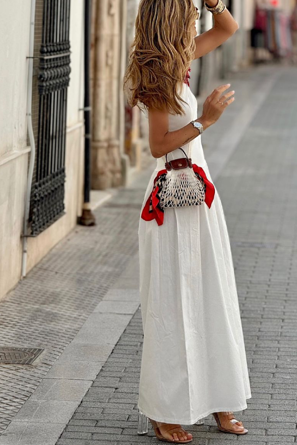 White Waist Loose Hem Sleeveless Round Neck Long Dress