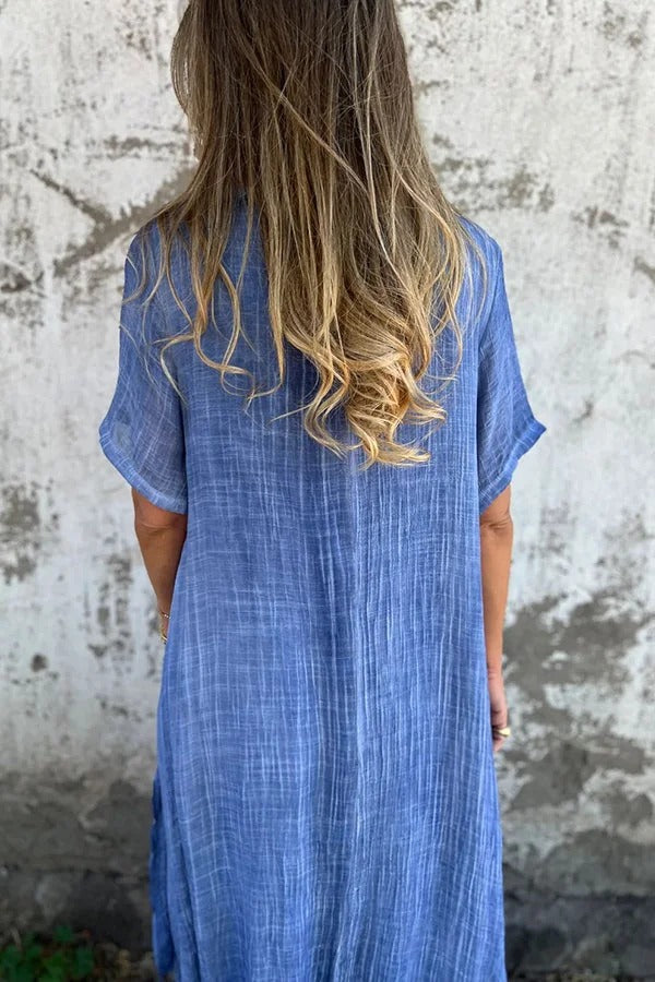 Bayside Bliss Linen Blend Short Sleeve Pleated Loose Midi Dress