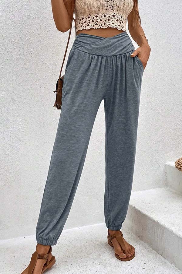 Temperament casual loose pocket high waist trousers
