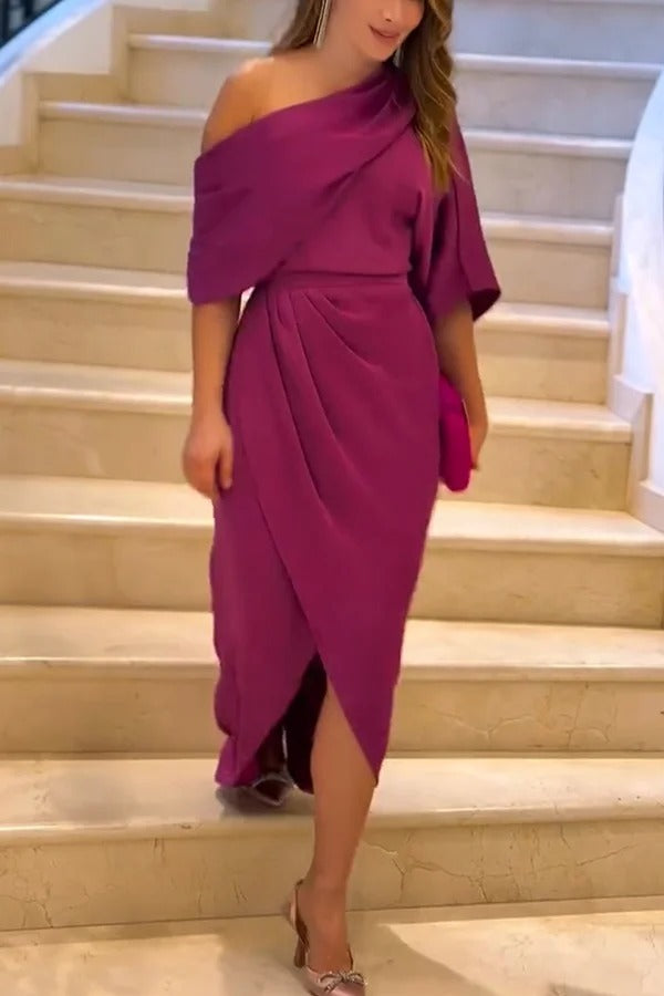 Whispered Yes Satin Irregular Lapel Neckline Design Ruched Maxi Dress