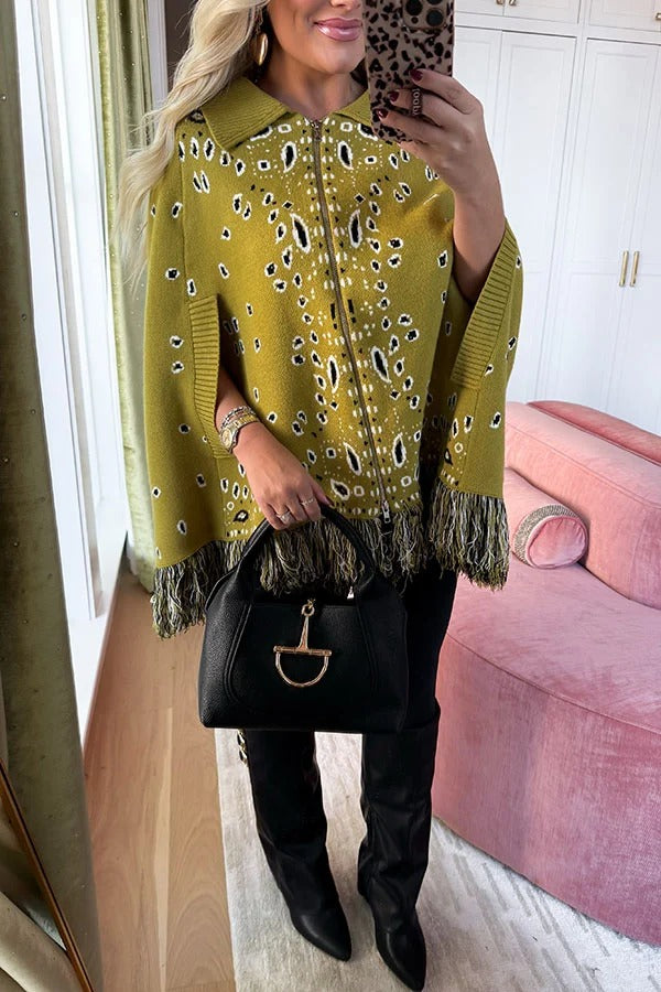 Lennie Bandana Knit Printed Open-Sleeve Pocket Fringe Lapel Zipper Poncho Sweater