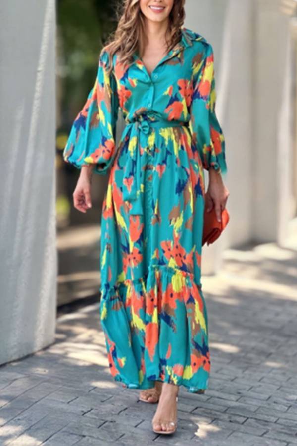 Watercolor Floral Collared Shirt Dress Belted Bubble Sleeve Ruffle Maxi Vacation Dress