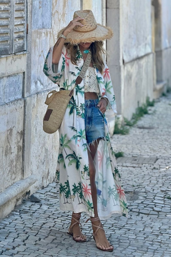 Holiday Leisure Coconut Tree Print Lace-up Loose Long Skirt