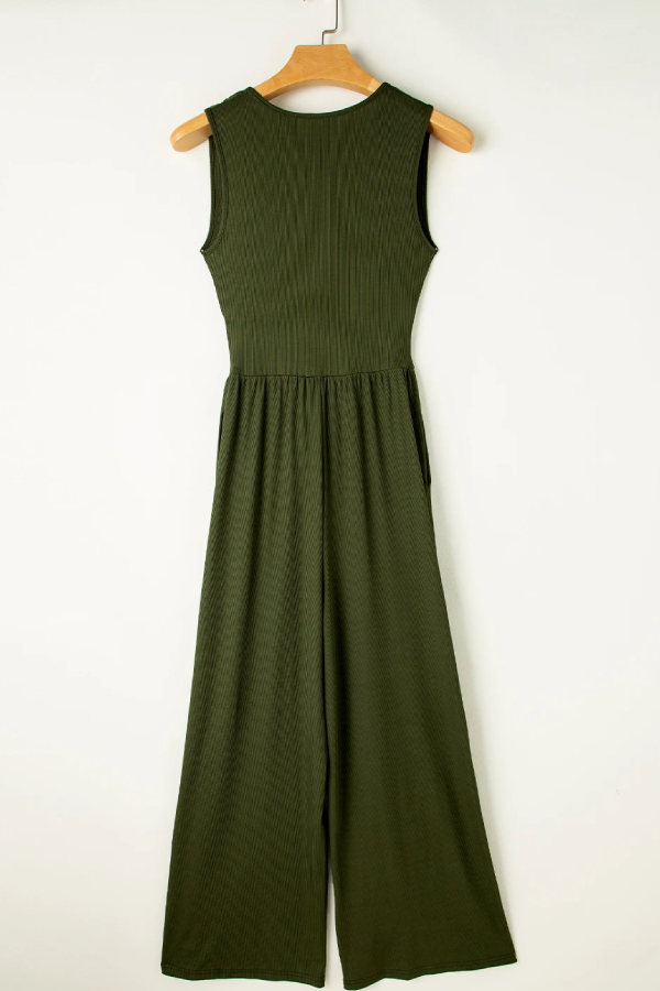Moss Green Sleeveless V Neck Ruched Wide Leg Jumpsuit