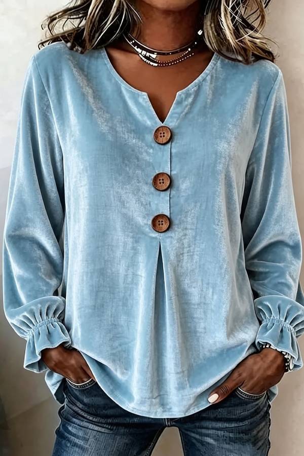 Velvet Notch V Neck Wooden Button Pleated Bell Sleeve Loose Blouse Top