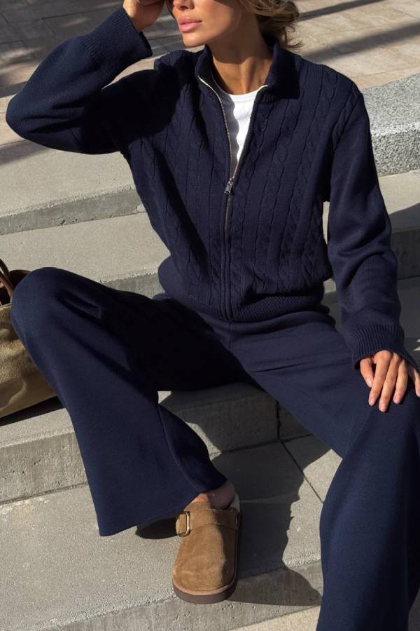 Stand Collar Zip Cable Knit Two Piece Set