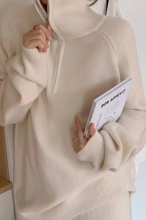Casual Lapel Sweater and Wide-leg Pants Two-piece Suit
