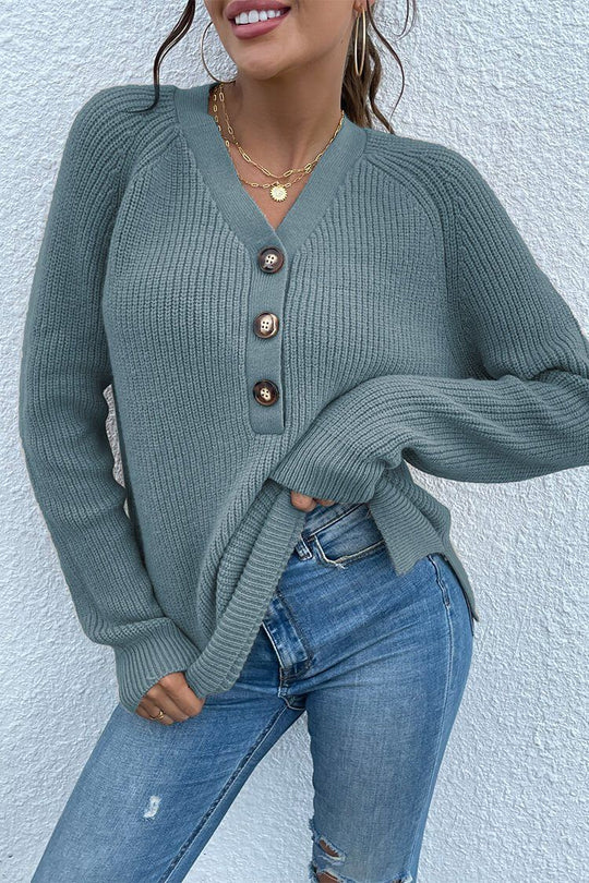 Half Button Raglan Sleeve V Neck Sweater