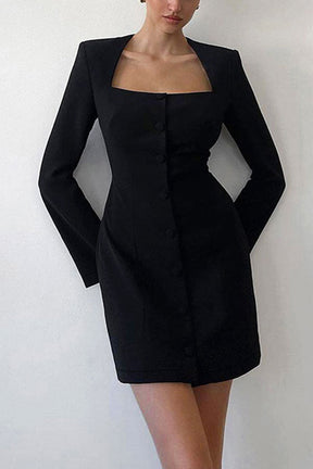 CHIC SQUARE NECK LONG SLEEVE BUTTON UP BODYCON PARTY MINI DRESS