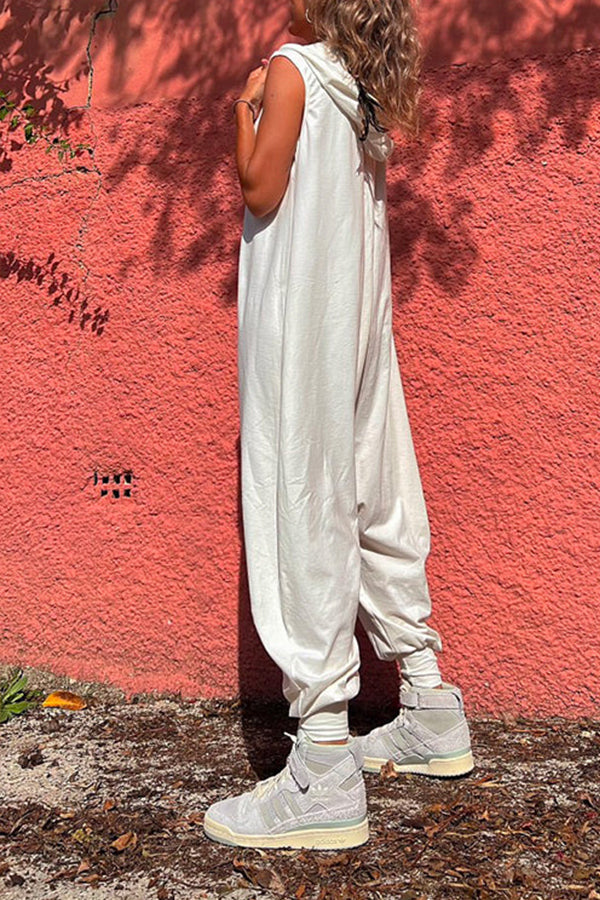 Button Down Hoodied Sleeveless Baggy Jumpsuit