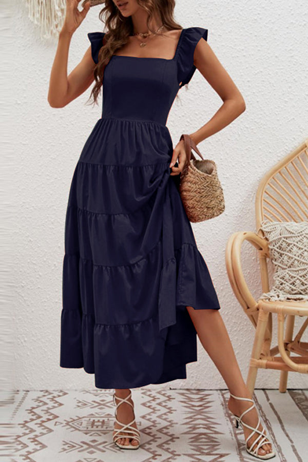 High Waist Solid Color Slim Waist Flying Sleeve Cake Skirt Dress