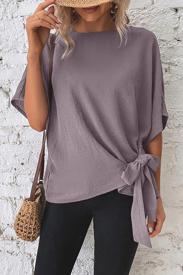 Solid Color Batwing Sleeve Hem Knotted Loose T Top