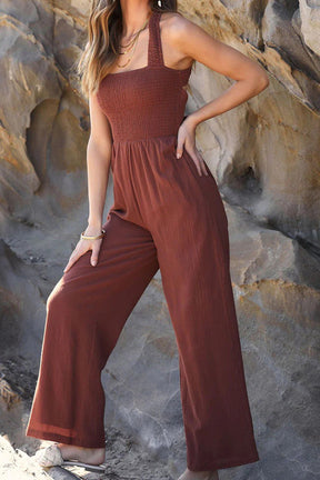 Fashion casual collarless straight wide leg open back cross strap jumpsuit