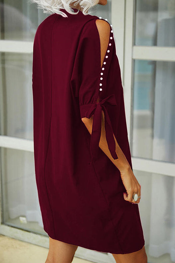 Solid color strapless V-neck beaded short-sleeved loose dress