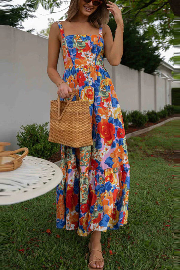 Style Lover Square Neck Adjustable Straps Floral Maxi Dress