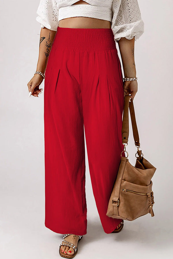 Smocked Wide Waistband High Waist Wide Leg Pants