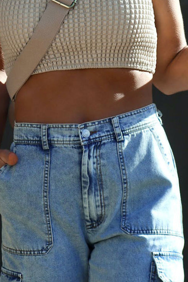 Washed denim multi-pocket non-stretch overalls