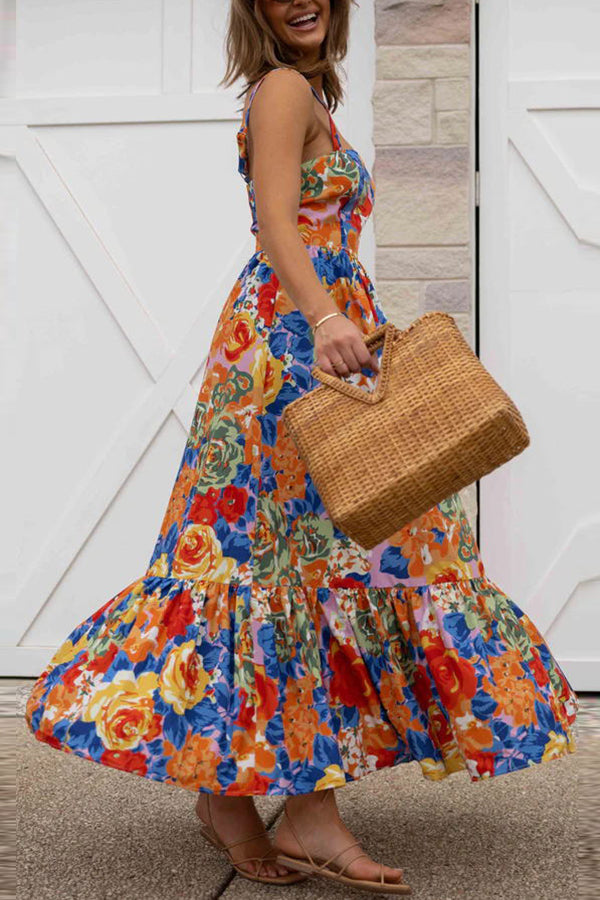 Style Lover Square Neck Adjustable Straps Floral Maxi Dress